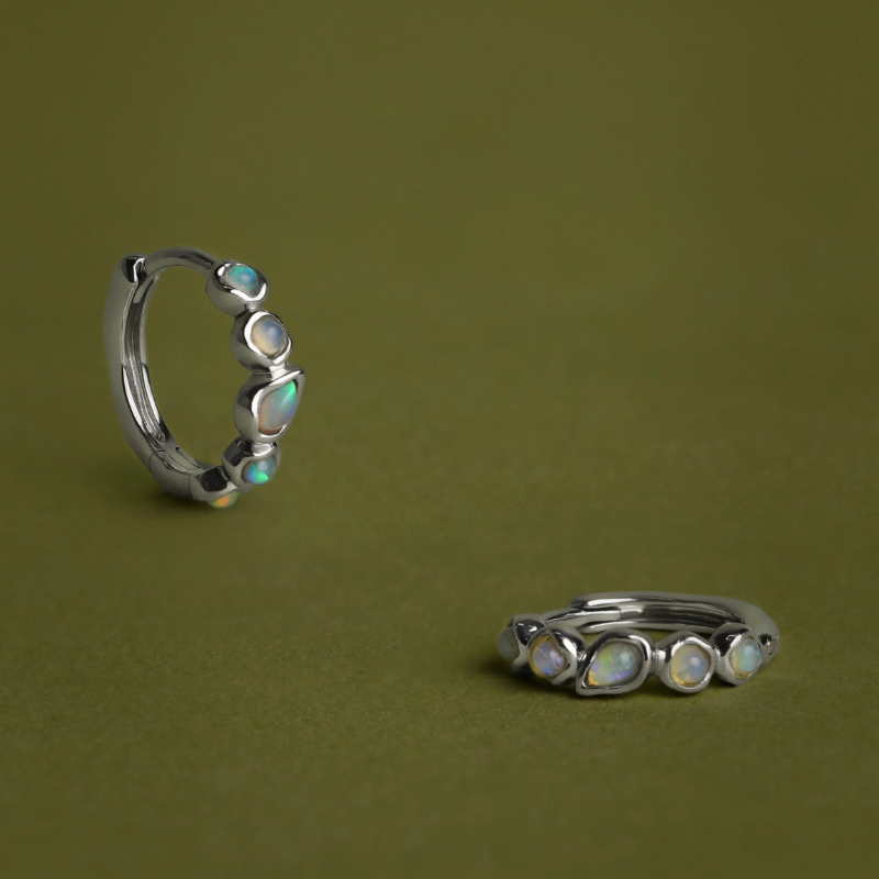 Opal Pear Bezel Huggie Earrings for Women